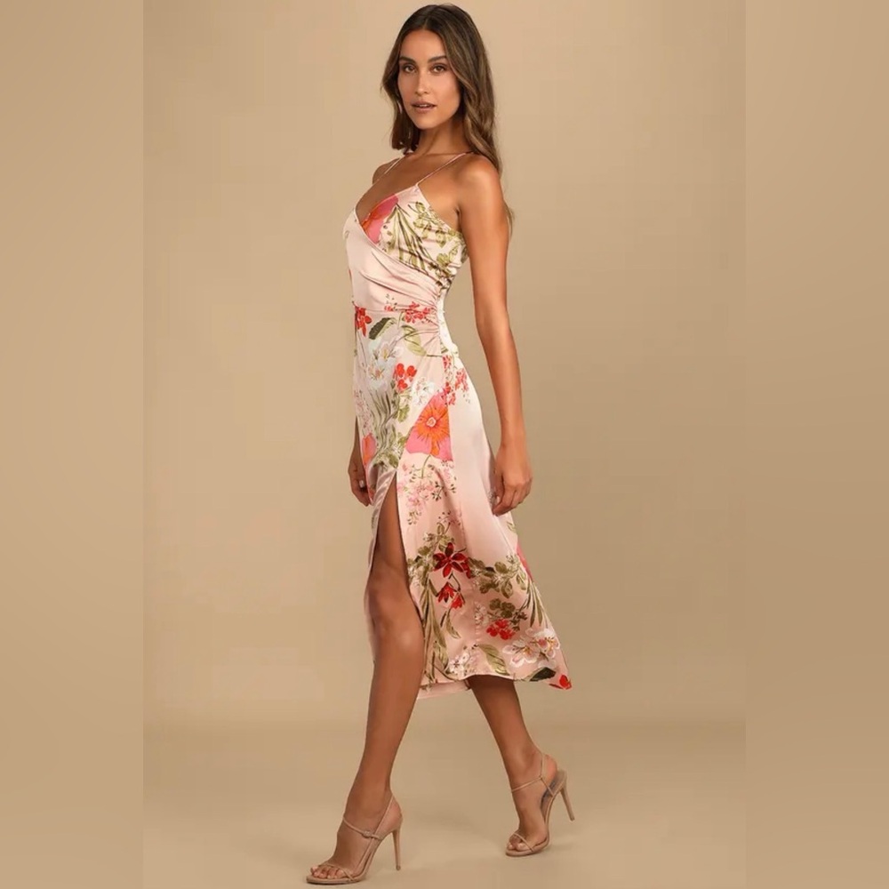 Lulu's Pink Floral Satin Midi Dress with Coral & Green Print - Picture 2 of 6